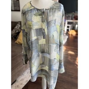Chico's Linear Lines Ali Top Sheer  Fairview Blue Woven Pattern XL (3) Oversized